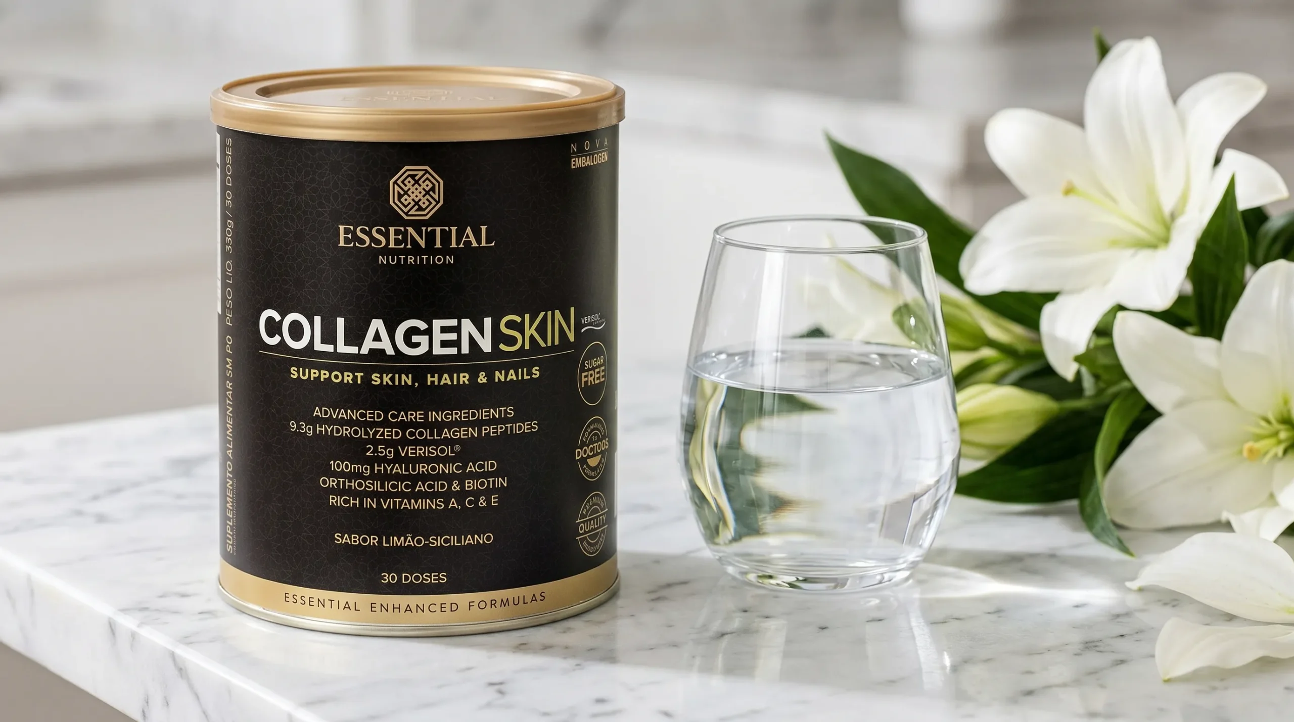Colágeno Essential Nutrition Collagen Skin com Verisol sobre mármore