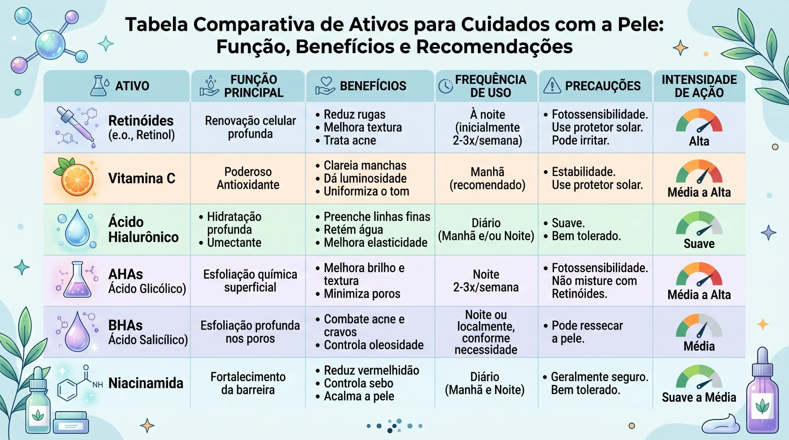 Tabela comparativa de ativos de luxo e curadoria dermatológica
