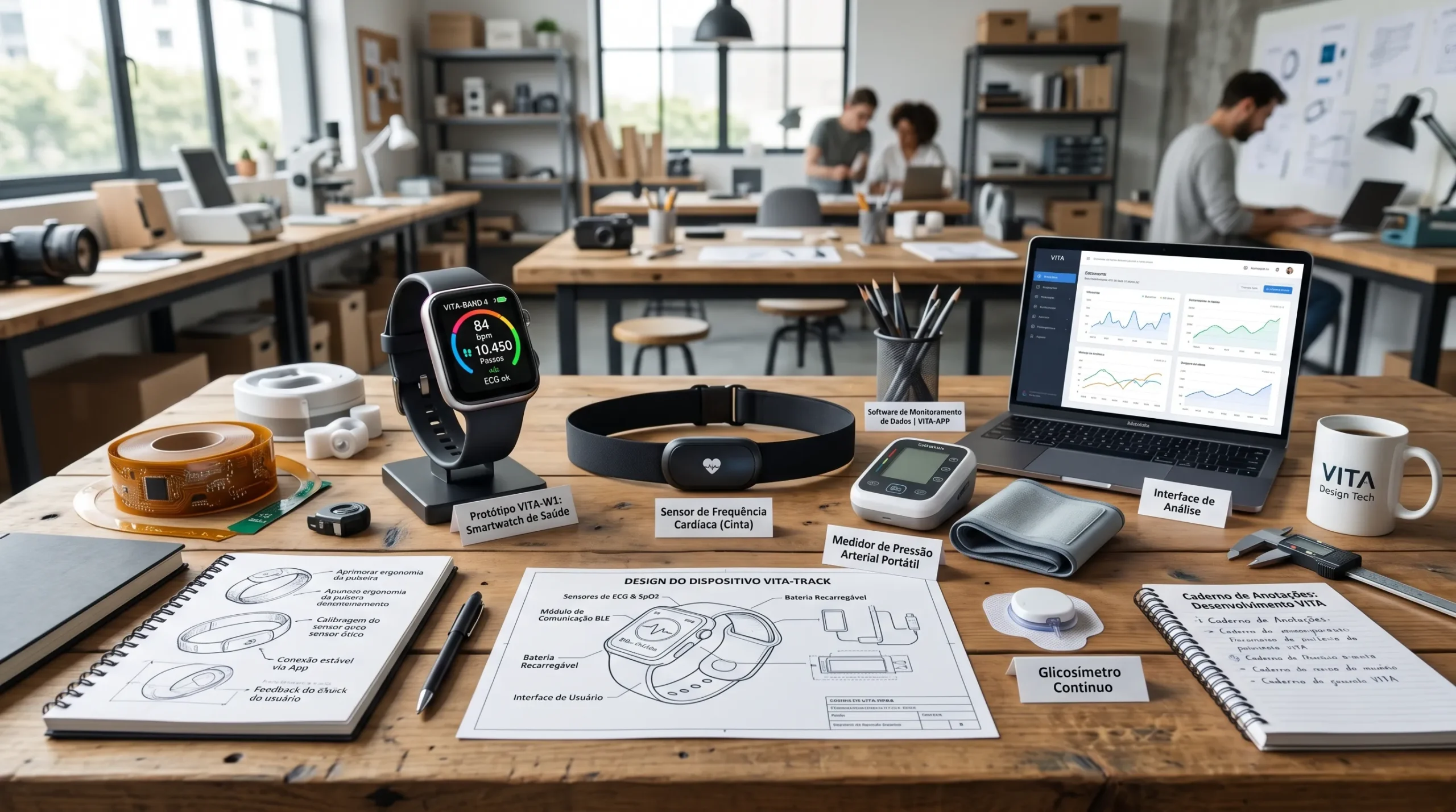Dispositivos tecnológicos de monitoramento de saúde sobre mesa de design