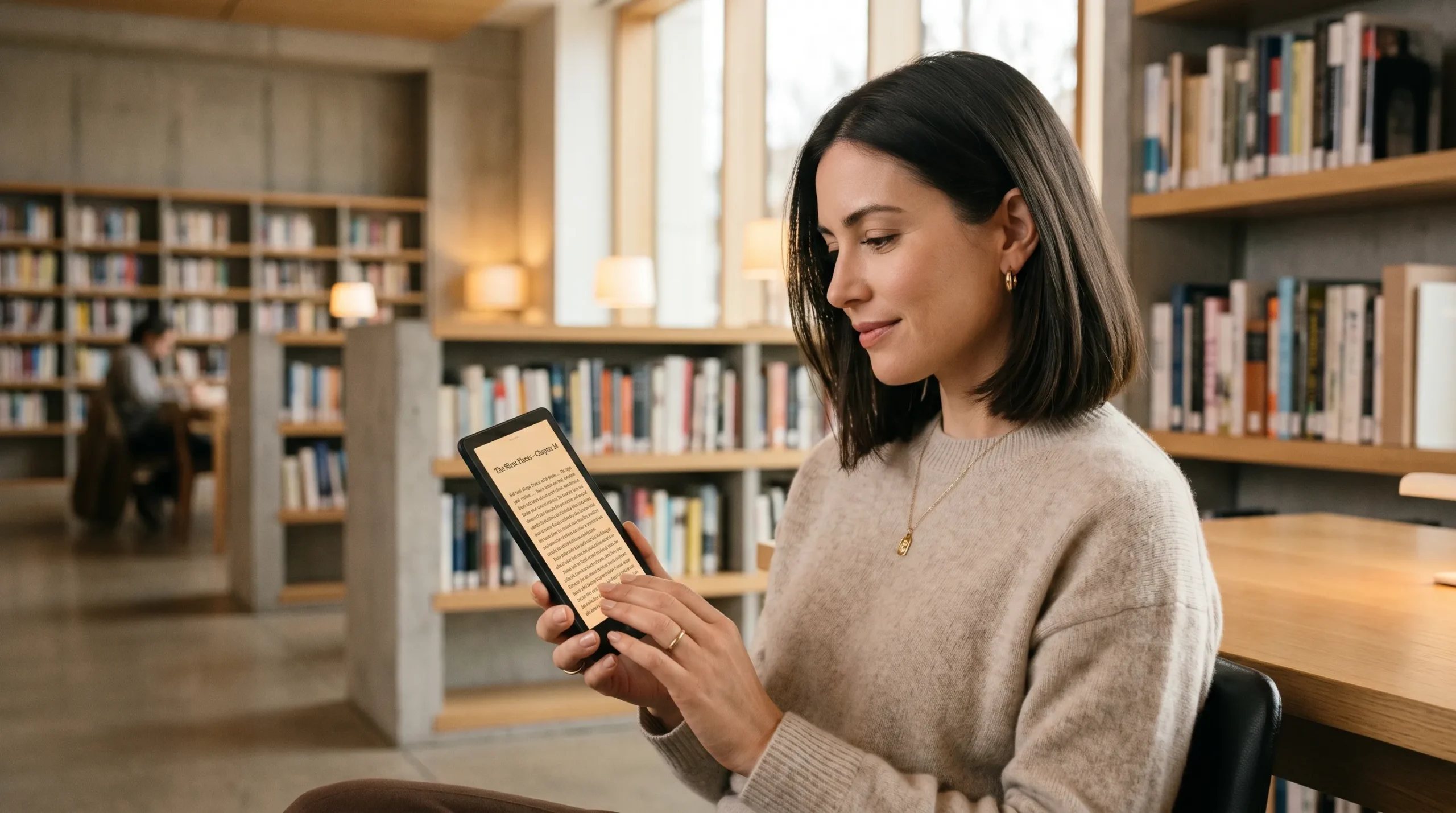 Mulher estudando em um Kindle Paperwhite em ambiente de luxo