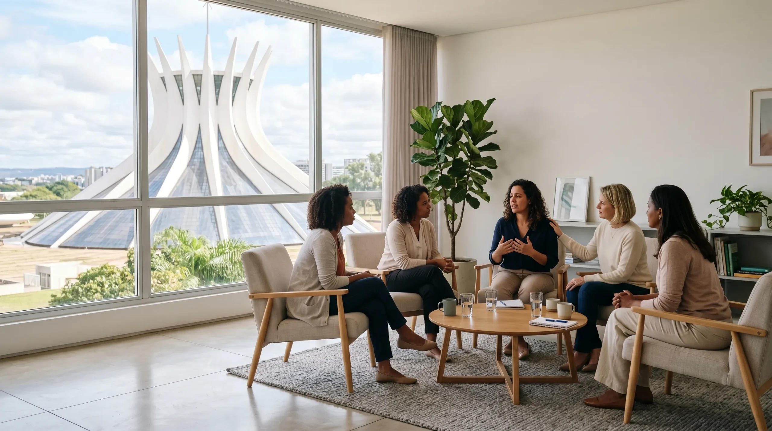 Mulheres em reunião de apoio com vista para a Catedral de Brasília