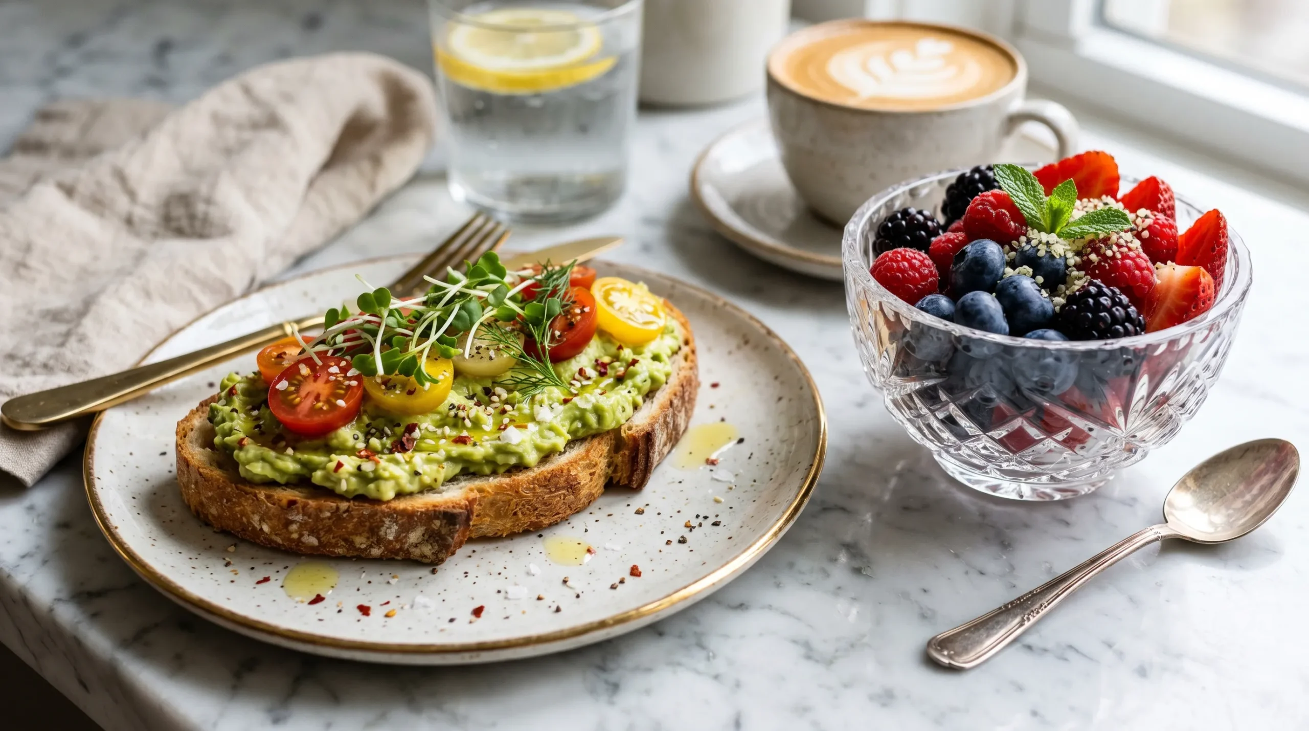 Nutrição saudável e antioxidantes em café da manhã de luxo