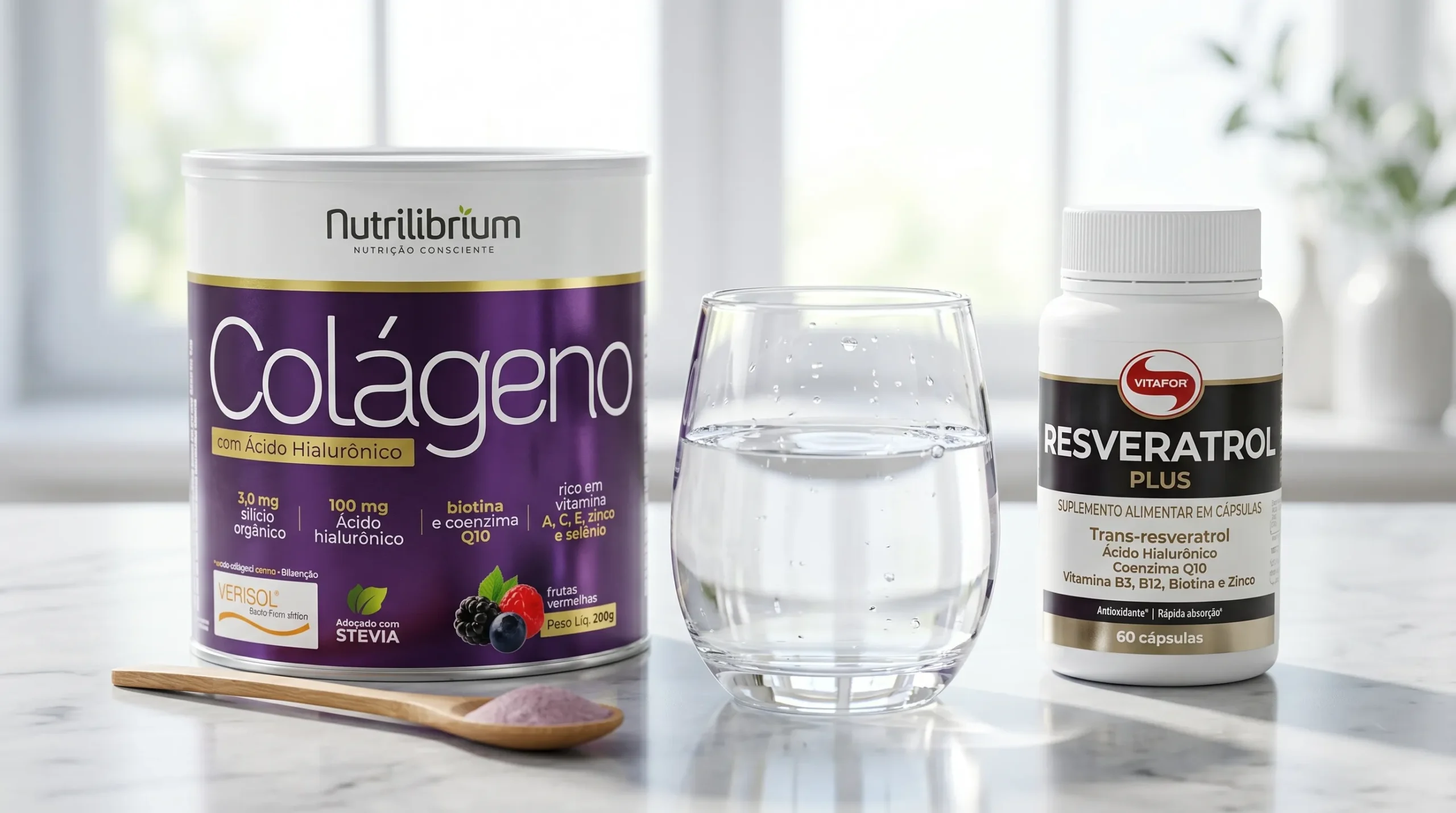 Suplementação de Colágeno Verisol e Resveratrol Plus para longevidade.