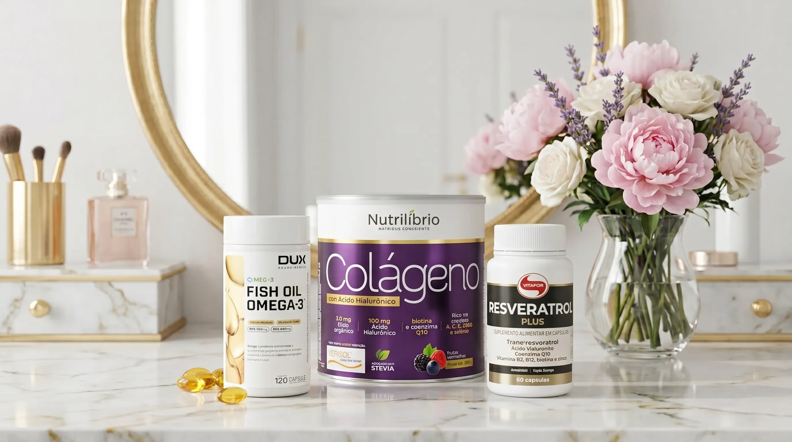 Suplementação diurna de colágeno, resveratrol e ômega-3