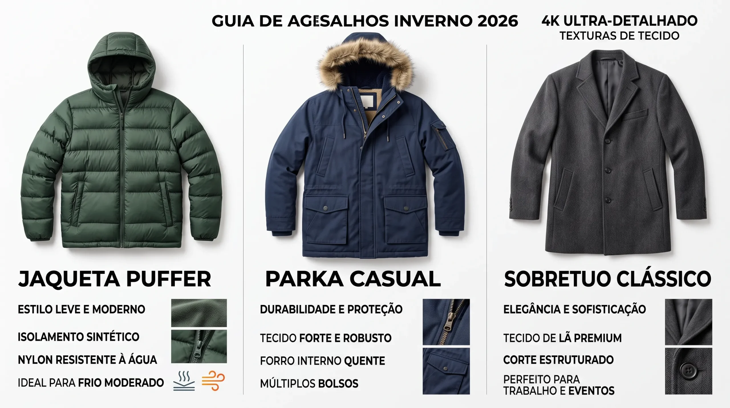 comparativo puffer parka sobretudo feminino inverno 2026 diferenças