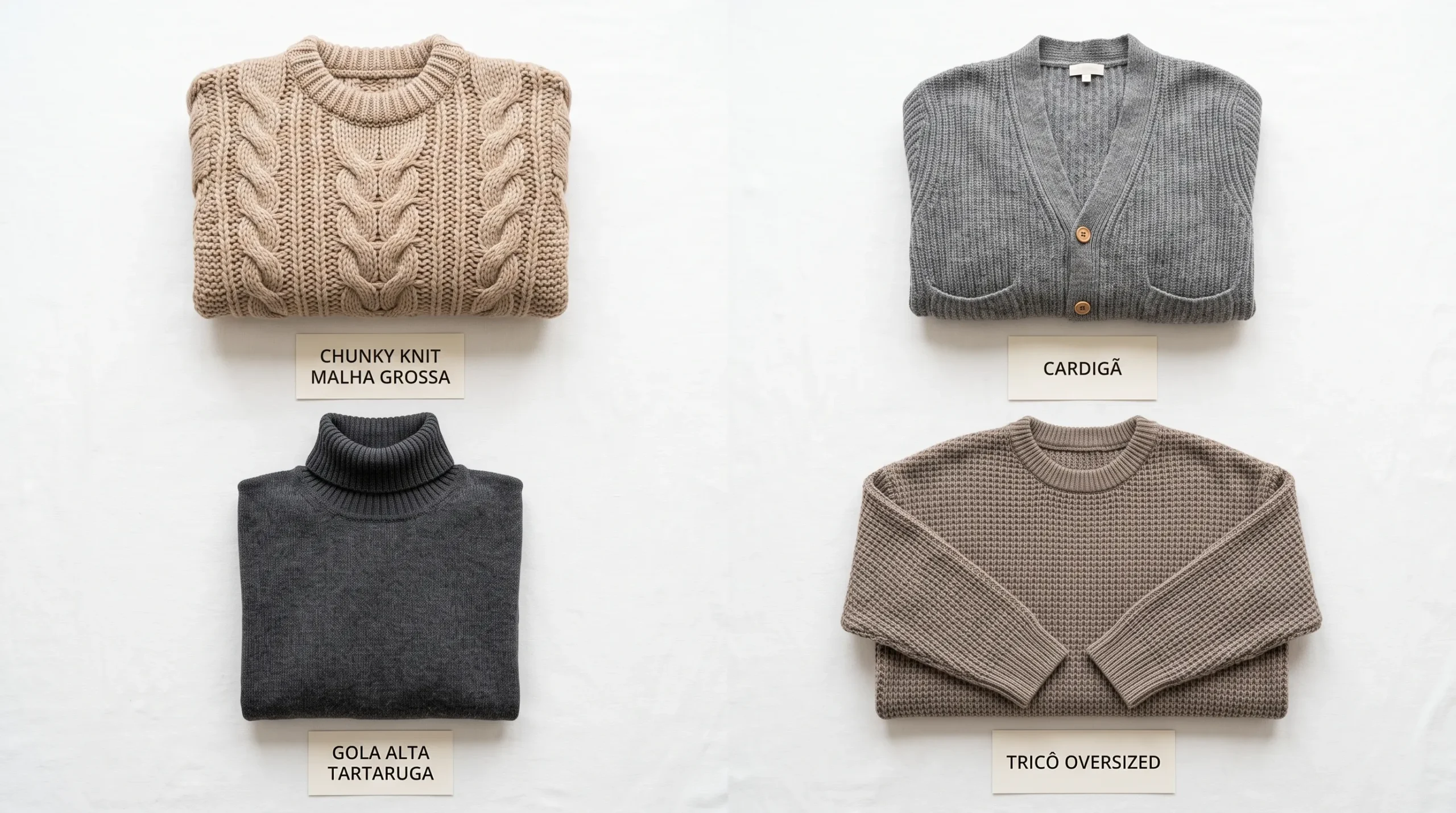tipos tricot feminino chunky knit cardigan gola alta oversized inverno 2026