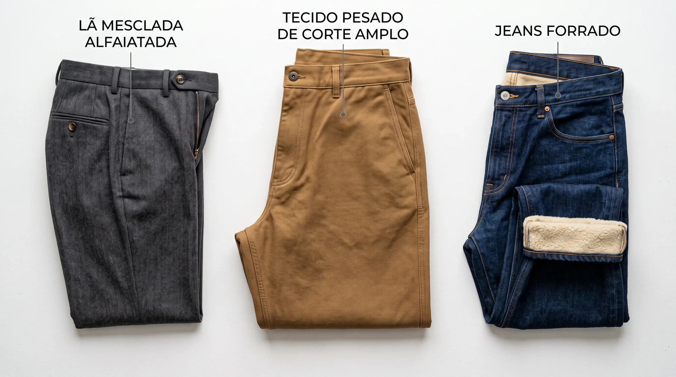 comparação alfaiataria wide leg jeans forrado feminino inverno 2026 diferenças